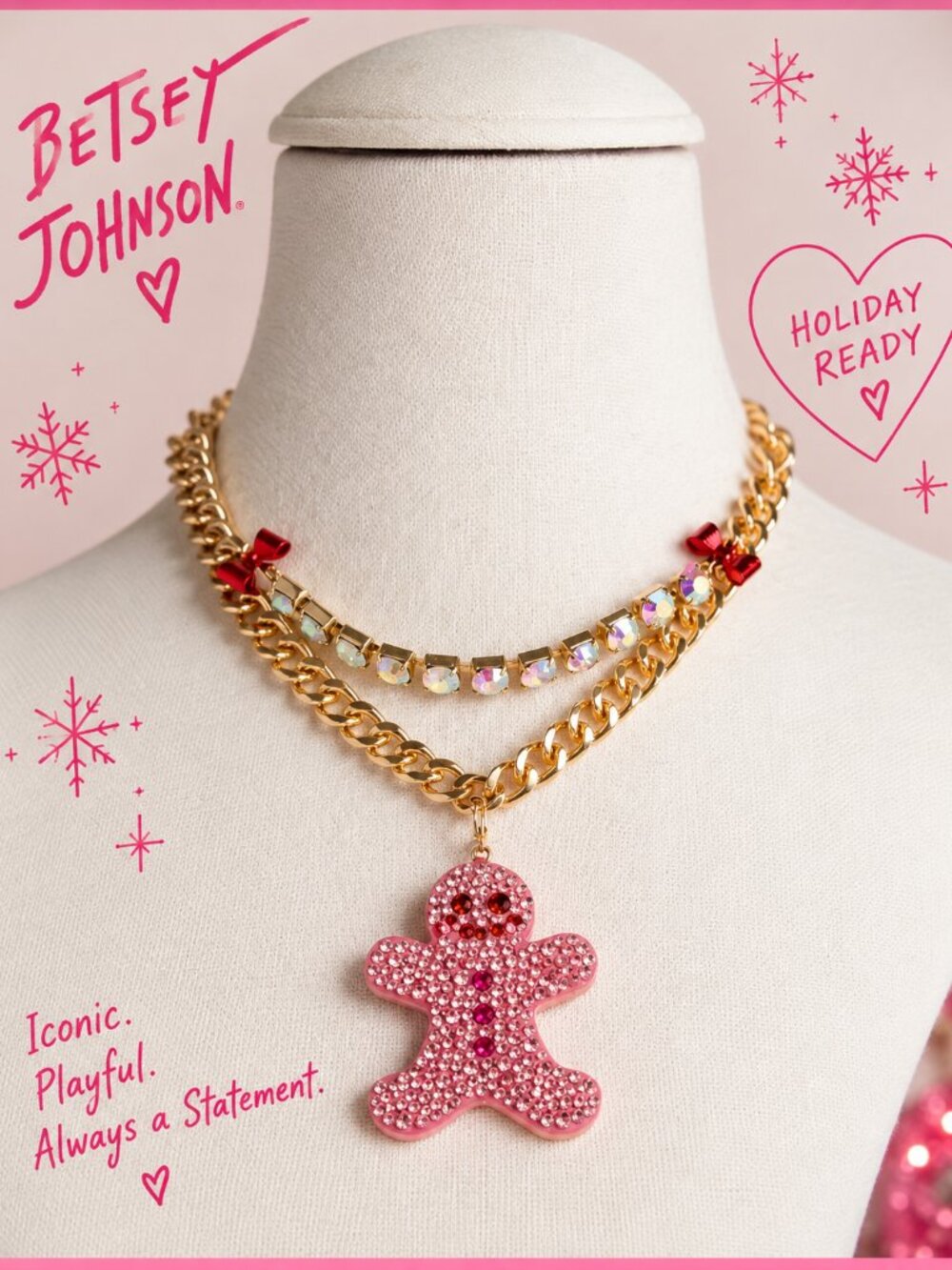 💎 Betsey Johnson Pink Gingerbread Christmas Necklace NWT w/ Flaw